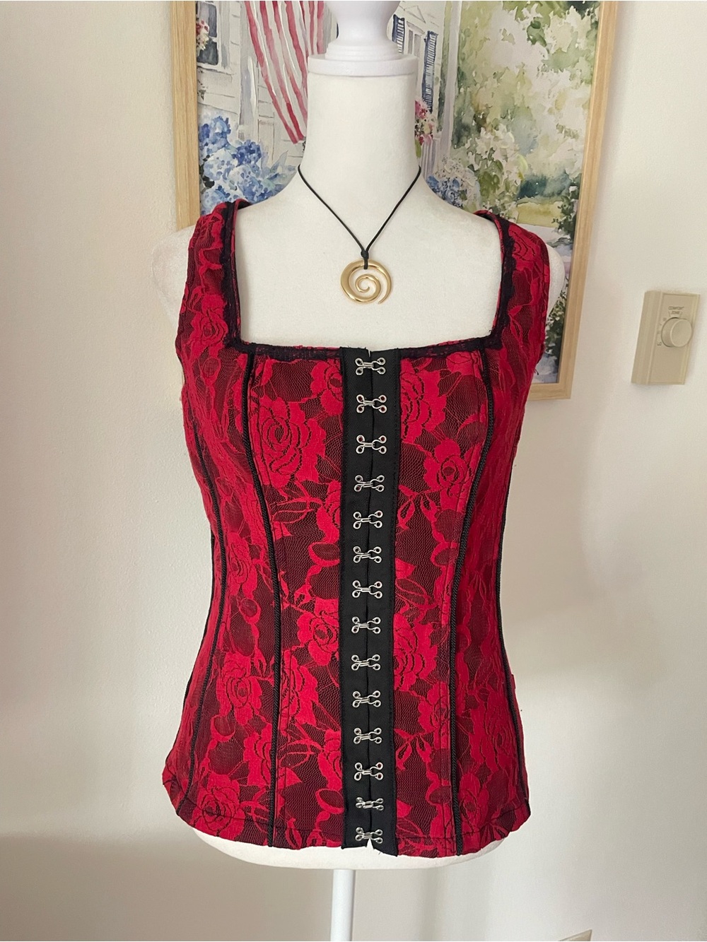 Royal Bones by Daang 90s Y2K Lace Rose Floral Corset Top Red Black Size Large